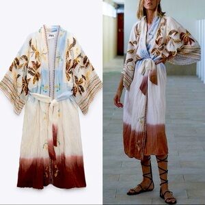 Limited edition Boho belted linen tie dye embroidered kimono